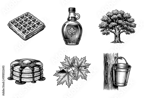 Set of black and white maple syrup production and breakfast food illustrations in a vintage woodcut engraving style.