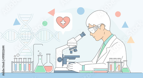 A scientist in a lab coat and goggles examines a sample under a microscope, surrounded by scientific equipment and DNA strands.