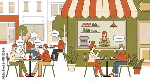 An illustration of people socializing and enjoying drinks at an outdoor cafe on a city street.