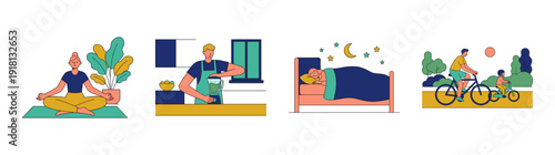 Flat Vector Healthy Lifestyle Habits Graphic Set for Wellness Coaching and Daily Routine Planning