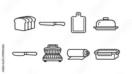 Home sandwich preparation tools: bread loaf, bread knife, cutting board, butter dish, spread knife, sandwich press, food wrap roll, storage container