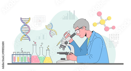 A scientist conducting research in a laboratory with a microscope, test tubes, and DNA structures, representing scientific discovery and innovation.