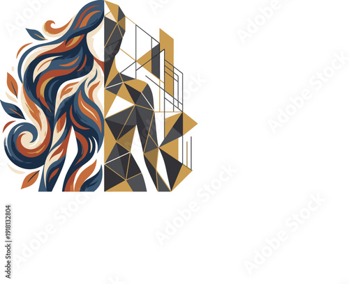 Split abstract portrait showing the organic flow of hair and nature contrasting with a structured geometric representation of modern identity and architecture.