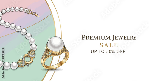 A premium jewelry sale banner featuring a pearl necklace and a gold ring with a large pearl, offering up to 50% off.