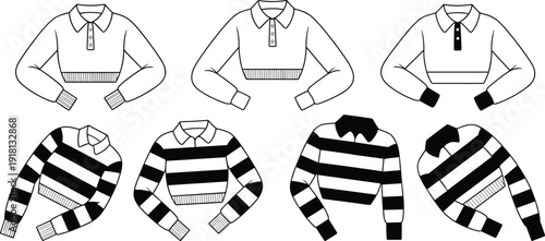 Cropped Polo Sweater Line Art Set Featuring Long Sleeve Knitted Jumpers With Collars And Striped Patterns For Fashion Design Apparel Mockup And