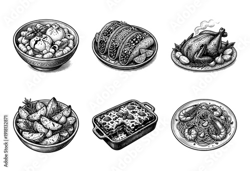 Collection of hand drawn vintage food illustrations featuring pasta tacos roasted chicken lasagna and potato wedges in an engraved woodcut style.
