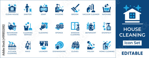 Professional house cleaning service and domestic hygiene chore vector icon set