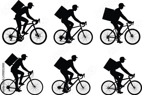 Delivery Man Silhouette Set Featuring Couriers On Bicycles With Backpacks For Food Logistics Express Service City Transport Mobile Business Marketing And Ecommerce