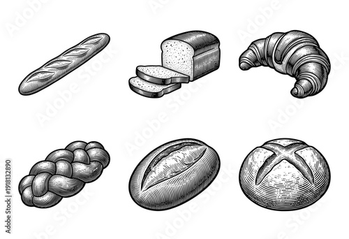 Set of vintage bakery products in woodcut style featuring baguette, croissant, challah, and sliced loaf of bread on white background.
