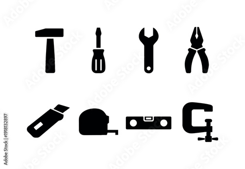 Home hand tools: hammer, screwdriver, wrench, pliers, utility knife, tape measure, level, clamp