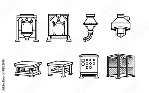 Industrial bulk material handling systems: bulk bag unloader, lifting frame, discharge spout, vibration table, dust hood, support stand, control panel