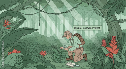 A scientist kneels in a lush jungle, examining a plant with a magnifying glass, surrounded by dense foliage and dappled sunlight.