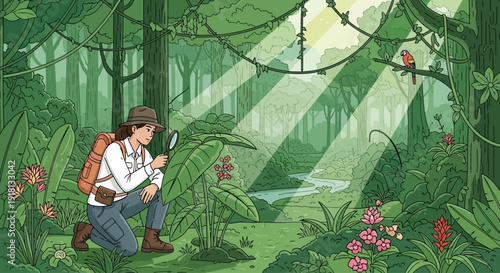 A botanist with a magnifying glass examines a plant in a lush, sun-dappled rainforest with a parrot perched on a branch.