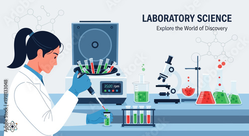A scientist in a lab coat and gloves uses a pipette in a laboratory setting with scientific equipment.