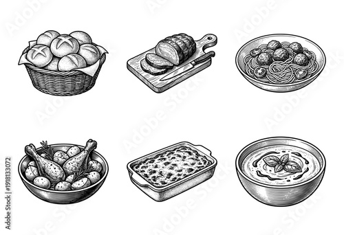 Vintage hand drawn engraving style collection of home cooked comfort food including bread rolls roast meat pasta and soup
