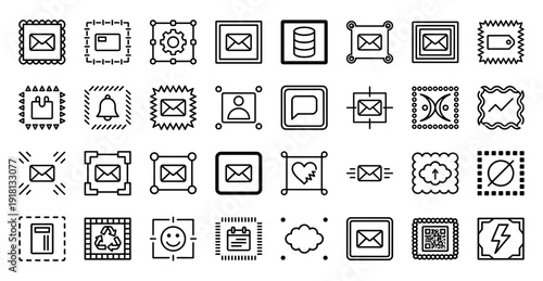 Universal digital interface icon collection. Heavyweight vector pictograms of mail, cloud, calendar, gear, user, and notification bell in a thick outline style.