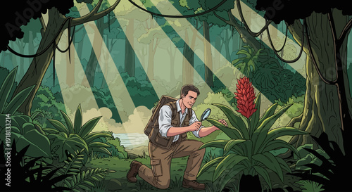 A botanist kneels in a lush jungle, examining a vibrant red flower with a magnifying glass under dappled sunlight.