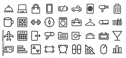 Comprehensive collection of bold travel and lifestyle icons. Heavyweight vector pictograms of laptop, passport, airplane, dumbbell, compass, and tools, thick outline style.