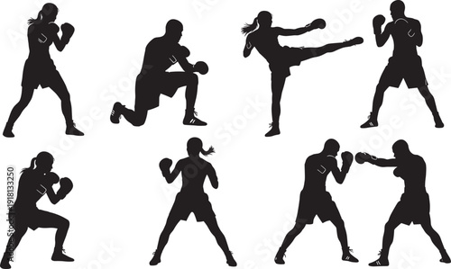 Black silhouette collection of men and women boxers and kickboxers in various fighting stances isolated on white background for fitness martial arts and sport concepts