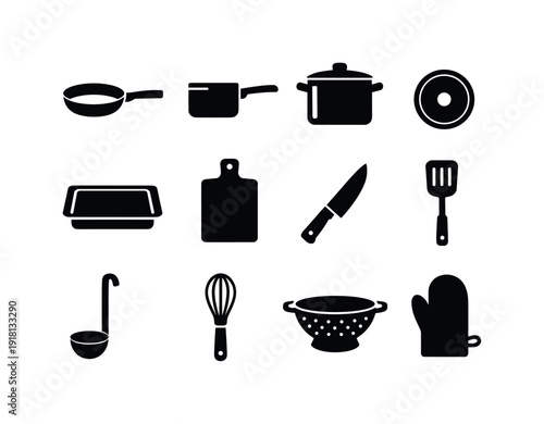 Home kitchen cookware set: frying pan, saucepan, stock pot, lid, baking tray, cutting board, chef knife, spatula, ladle, whisk, colander, oven mitt