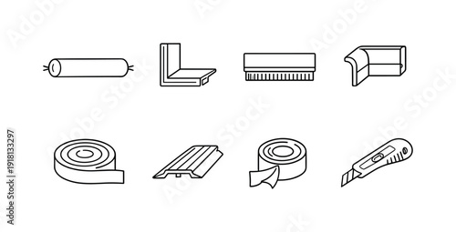 Home door sealing items: draft stopper, weather strip, door sweep, corner seal, foam tape, threshold plate, adhesive strip, cutter knife