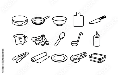 Home burrito making tools: tortilla warmer, frying pan, mixing bowl, cutting board, chef knife, measuring cup, measuring spoon, rice scoop, ladle