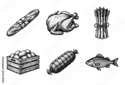 Vintage engraving style food collection featuring baguette bread, roasted chicken, asparagus, potatoes in a crate, smoked sausage, and fresh fish.