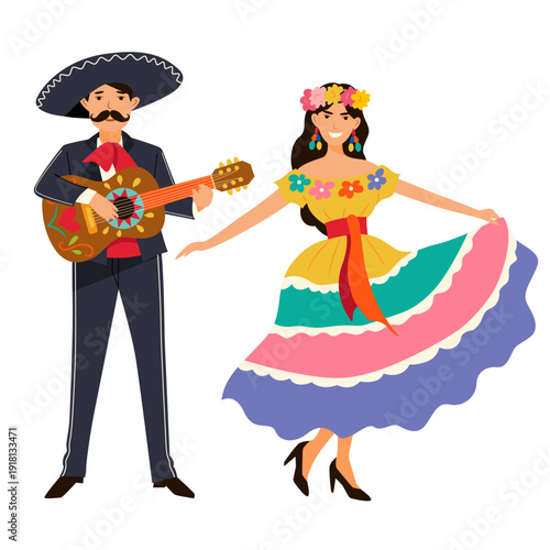A Mexican couple dancing and playing the guitar. The woman is wearing a bright festive dress and the man is wearing a sombrero at a party. Flat vector illustration isolated on a white background.