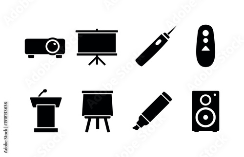 Office presentation tools: projector, projection screen, laser pointer, presentation remote, lectern, flip chart, marker pen, speaker