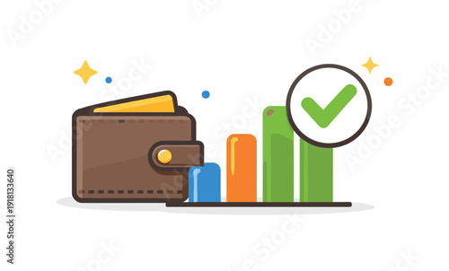 Personal finance clarity and mindful expense tracking for everyday stability, a simple wallet paired with a minimal bar chart and a checkmark