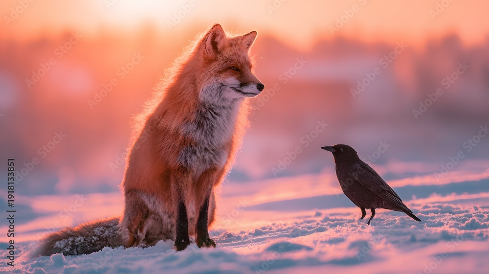 Obraz premium Red Fox and Crow Encounter in a Snowy Winter Landscape at Sunset.