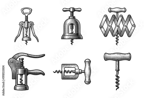 Collection of vintage corkscrew illustrations in a detailed monochrome woodcut engraving style featuring various mechanical wine bottle openers