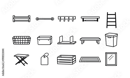 Bathroom towel organization items: towel rack, towel bar, hook hanger, wall shelf, ladder rack, storage basket, fabric bin, shelf divider, bench seat