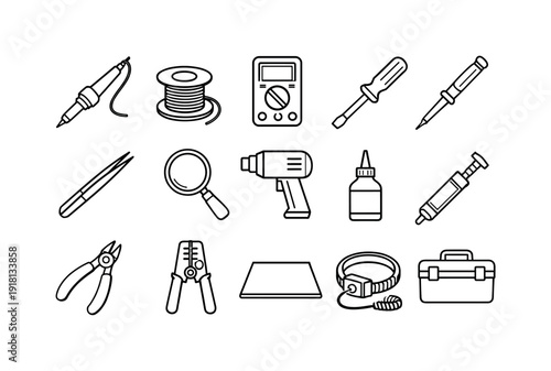 Electronics repair tools: soldering iron, solder spool, multimeter, screwdriver, precision screwdriver, tweezers, magnifying glass, heat gun, flux