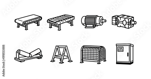 Warehouse conveyor line equipment: belt conveyor, roller conveyor, drive motor, gearbox, idler roller, support frame, safety guard, control cabinet