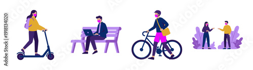 Flat Vector People Wearing Face Masks Character Illustration Set for Urban Lifestyle and Pandemic Safety Measures