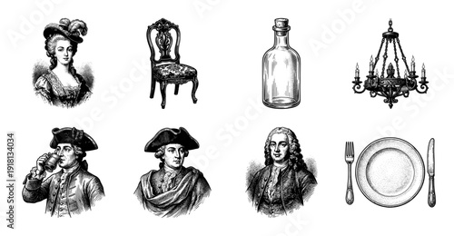 Vintage collection of eighteenth century woodcut illustrations featuring aristocratic portraits and period domestic objects in a classic engraving style.