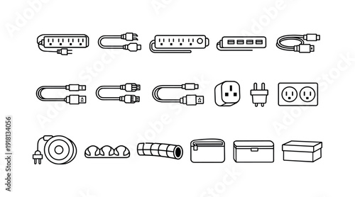 Office desk workstation cable kit: power strip, extension cord, surge protector, USB hub, HDMI cable, USB cable, Ethernet cable, charging cable, plug