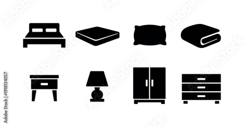 Bedroom furniture: bed frame, mattress, pillow, blanket, nightstand, table lamp, wardrobe, dresser