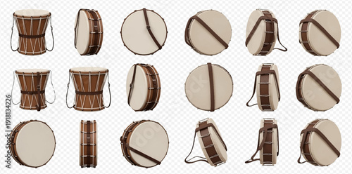 Set of African djembe drums and tambourines with straps in various angles on transparent background.
