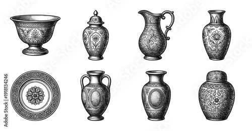 Collection of ornate vintage pottery and ceramic vessels featuring intricate floral engravings and classical line art illustrations.