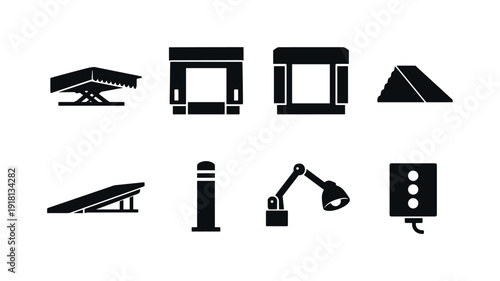 Industrial warehouse loading bay equipment: dock leveler, dock shelter, dock seal, wheel chock, loading ramp, safety bollard, dock light, control box
