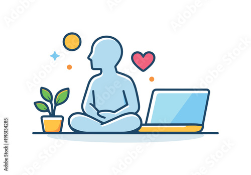 Digital wellbeing and balanced work-life routine in a connected modern lifestyle emphasizing mindful technology use, a laptop placed beside a calm