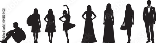 Black silhouette collection showing human life stages from a student with a backpack to a professional woman and a successful businessman in a tuxedo
