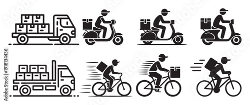 Eco friendly bicycle and scooter delivery courier silhouette icons. vector illustration eps 10