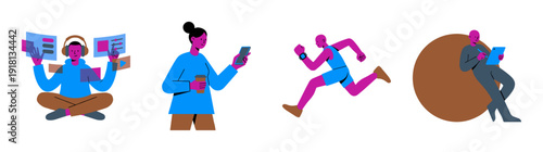 Flat Vector Modern Lifestyle Character Asset Sheet for Digital Wellness and Productivity Apps