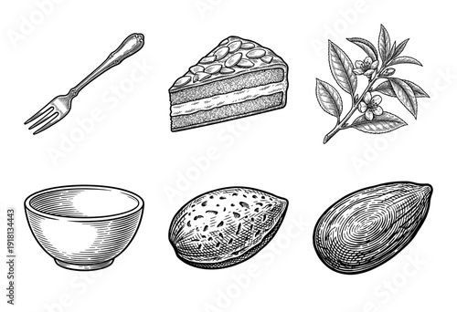 Vintage style engraving collection featuring almond cake slice, flowering almond branch, nut shells, bowl, and silver fork in hand-drawn black and white line art.