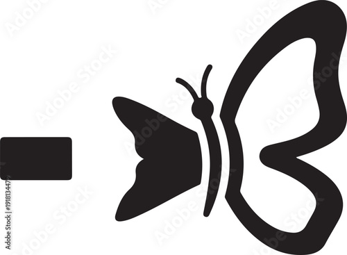 A simple black butterfly icon with an arrow on a white background.