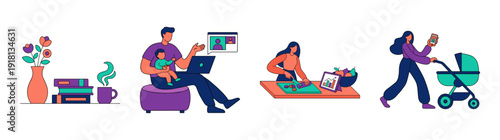 Flat Vector Remote Work and Modern Parenting Graphic Set for Work-Life Balance and Household Management