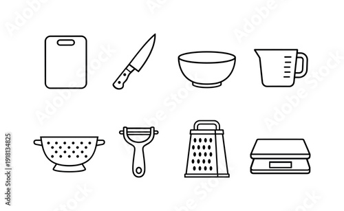 Home kitchen food prep essentials: cutting board, chef knife, mixing bowl, measuring cup, colander, peeler, grater, kitchen scale